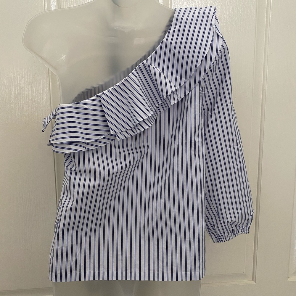J.CREW Striped One Shoulder Shirt Sz 2 - Picture 3 of 3